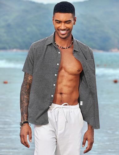 COOFANDY Men's Casual Button Down Shirts Short Sleeve Linen Shirts Summer Beach Dress Shirt Lightweight & Breathable Pe