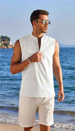 COOFANDY Men's Casual Large White Sleeveless Henley Shirt for Beach Tank